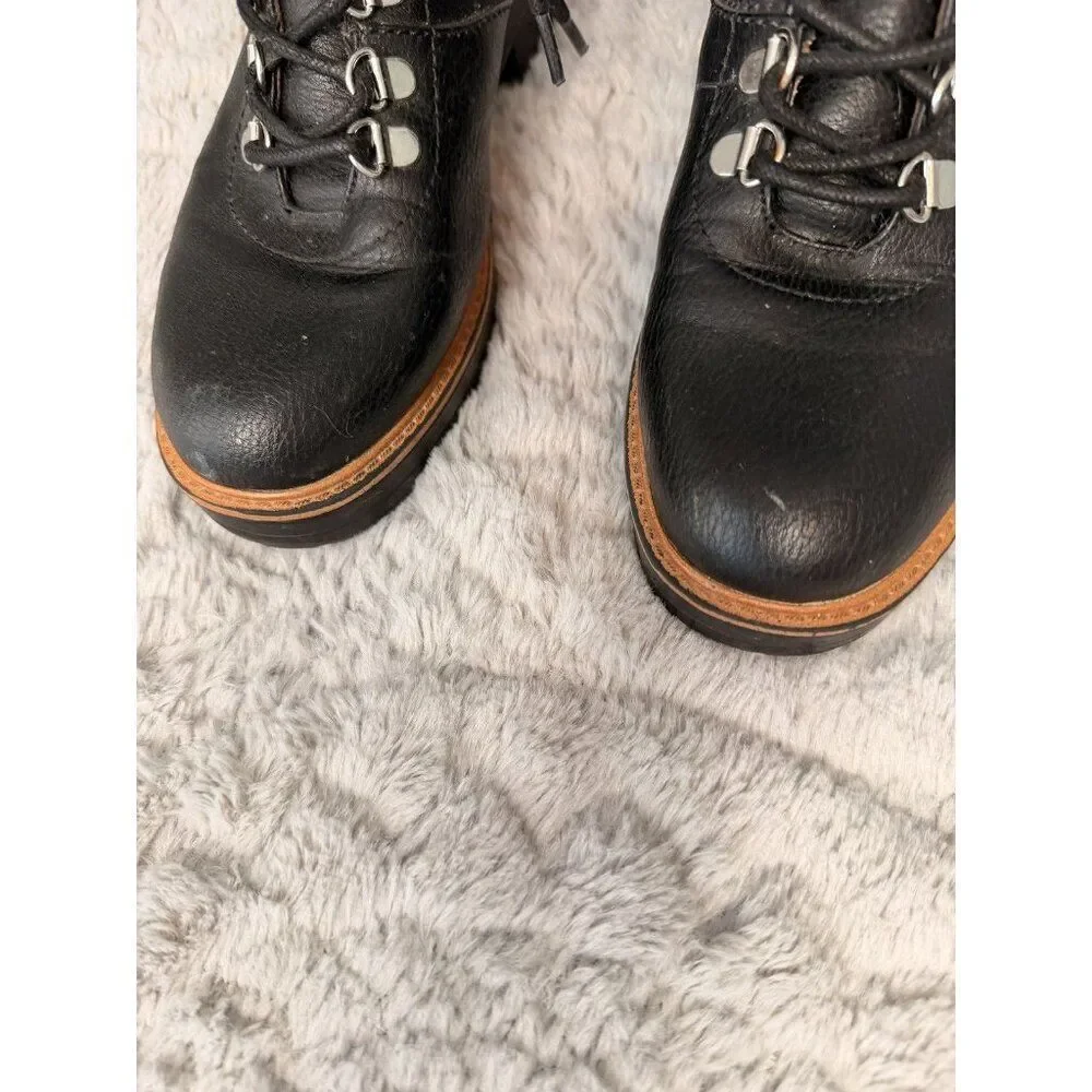 Indigo Rd Black Lace-Up Hiking Ankle Boots Women’s Faux Leather Lug Sole Booties